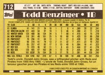 1990 O-Pee-Chee - White Back (Test Stock) #712 Todd Benzinger Back