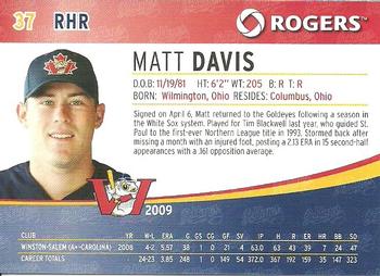 2009 Rogers Winnipeg Goldeyes SGA #NNO Matt Davis Back