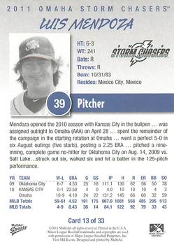 2011 MultiAd Omaha Storm Chasers #13 Luis Mendoza Back