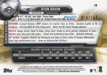 2017 Bowman Chrome - Blue Refractor #28 Ryan Braun Back