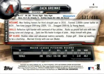 2017 Bowman Chrome - Refractor #4 Zack Greinke Back