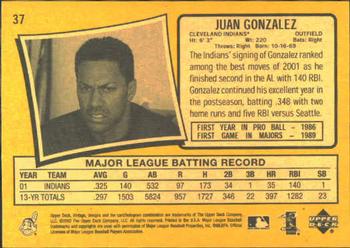 2002 Upper Deck Vintage #37 Juan Gonzalez Back