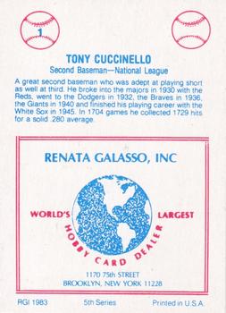 1983 TCMA Renata Galasso 1933 All-Stars #1 Tony Cuccinello Back