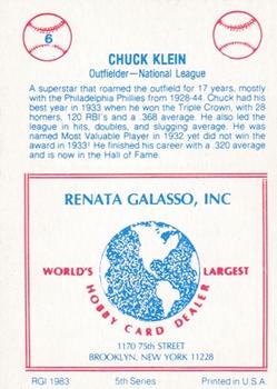 1983 TCMA Renata Galasso 1933 All-Stars #6 Chuck Klein Back