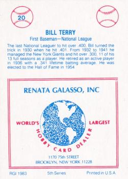 1983 TCMA Renata Galasso 1933 All-Stars #20 Bill Terry Back