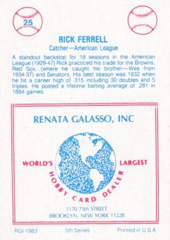 1983 TCMA Renata Galasso 1933 All-Stars #25 Rick Ferrell Back
