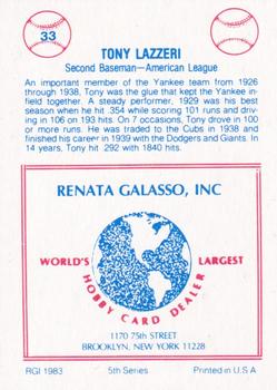 1983 TCMA Renata Galasso 1933 All-Stars #33 Tony Lazzeri Back