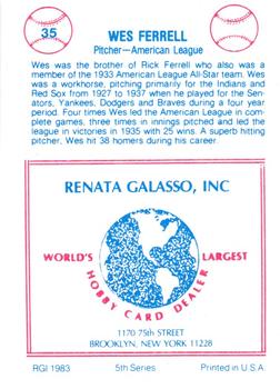 1983 TCMA Renata Galasso 1933 All-Stars #35 Wes Ferrell Back