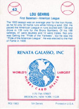 1983 TCMA Renata Galasso 1933 All-Stars #43 Lou Gehrig Back
