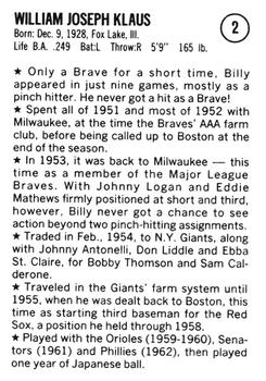 1983 Fritsch 1953 Boston/Milwaukee Braves #2 Billy Klaus Back