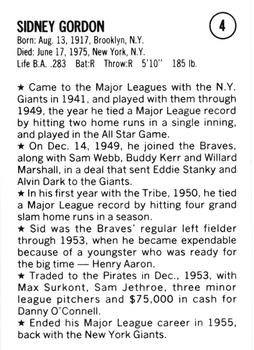1983 Fritsch 1953 Boston/Milwaukee Braves #4 Sid Gordon Back