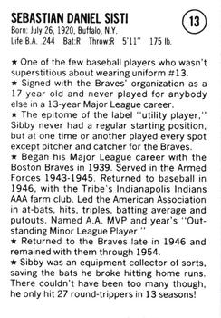 1983 Fritsch 1953 Boston/Milwaukee Braves #13 Sibby Sisti Back