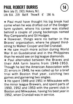 1983 Fritsch 1953 Boston/Milwaukee Braves #14 Paul Burris Back