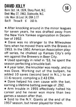 1983 Fritsch 1953 Boston/Milwaukee Braves #16 Dave Jolly Back