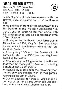 1983 Fritsch 1953 Boston/Milwaukee Braves #22 Virgil Jester Back