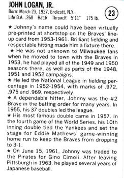 1983 Fritsch 1953 Boston/Milwaukee Braves #23 Johnny Logan Back