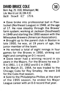 1983 Fritsch 1953 Boston/Milwaukee Braves #30 Dave Cole Back