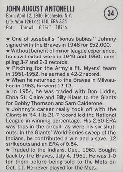 1983 Fritsch 1953 Boston/Milwaukee Braves #34 Johnny Antonelli Back