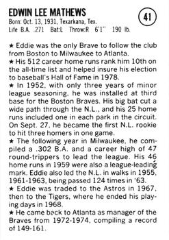 1983 Fritsch 1953 Boston/Milwaukee Braves #41 Eddie Mathews Back