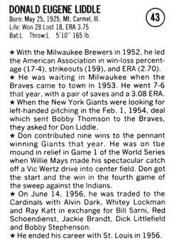 1983 Fritsch 1953 Boston/Milwaukee Braves #43 Don Liddle Back