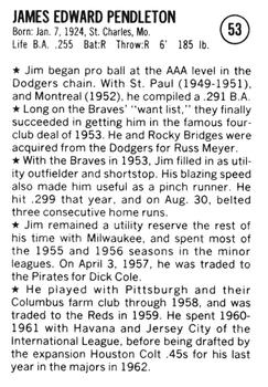 1983 Fritsch 1953 Boston/Milwaukee Braves #53 Jim Pendleton Back