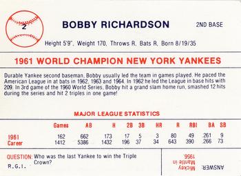 1980 Galasso B&W 1961 New York Yankees #2 Bobby Richardson Back
