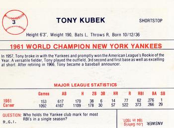 1980 Galasso B&W 1961 New York Yankees #3 Tony Kubek Back