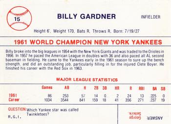 1980 Galasso B&W 1961 New York Yankees #15 Billy Gardner Back