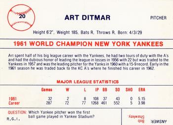 1980 Galasso B&W 1961 New York Yankees #20 Art Ditmar Back