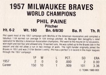 1980 TCMA 1957 Milwaukee Braves #003 Phil Paine Back
