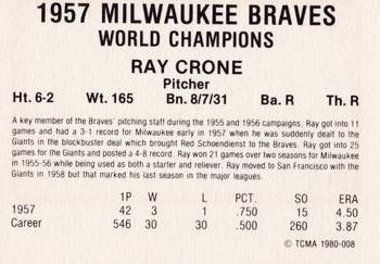 1980 TCMA 1957 Milwaukee Braves #008 Ray Crone Back