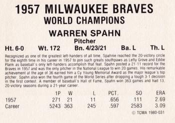 1980 TCMA 1957 Milwaukee Braves #031 Warren Spahn Back
