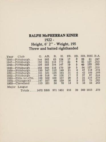 1979 Metallic Creations #NNO Ralph Kiner Back