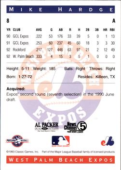 1993 Classic Best West Palm Beach Expos #8 Mike Hardge Back