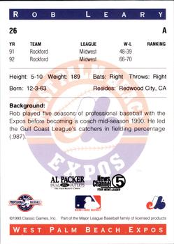 1993 Classic Best West Palm Beach Expos #26 Rob Leary Back