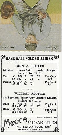 1988 Card Collectors 1911 Mecca Double Folders (T201) (Reprint) #NNO Bill Abstein / John Butler Back