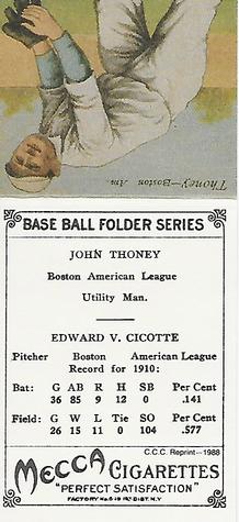 1988 Card Collectors 1911 Mecca Double Folders (T201) (Reprint) #NNO Eddie Cicotte / Jack Thoney Back