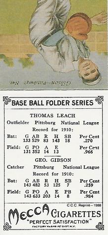 1988 Card Collectors 1911 Mecca Double Folders (T201) (Reprint) #NNO Tommy Leach / George Gibson Back