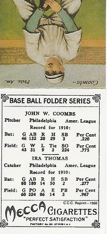 1988 Card Collectors 1911 Mecca Double Folders (T201) (Reprint) #NNO Ira Thomas / Jack Coombs Back