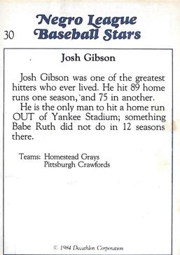 1984 Decathlon Negro League Baseball Stars #30 Josh Gibson Back