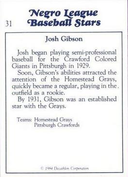 1984 Decathlon Negro League Baseball Stars #31 Josh Gibson Back