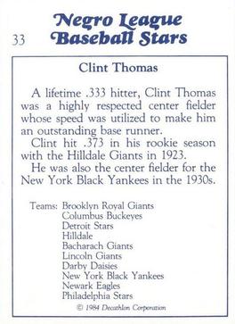 1984 Decathlon Negro League Baseball Stars #33 Clint Thomas Back