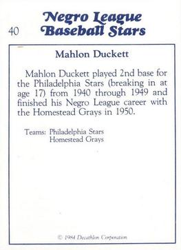 1984 Decathlon Negro League Baseball Stars #40 Mahlon Duckett Back