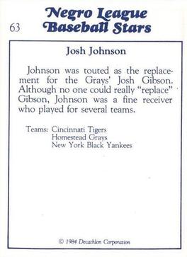 1984 Decathlon Negro League Baseball Stars #63 Josh Johnson Back