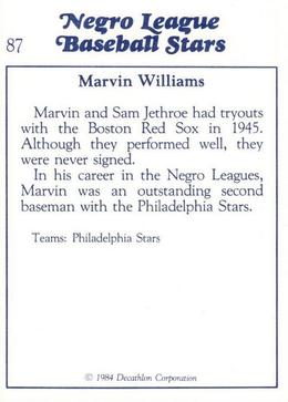 1984 Decathlon Negro League Baseball Stars #87 Marvin Williams Back
