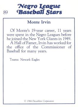 1984 Decathlon Negro League Baseball Stars #89 Monte Irvin Back