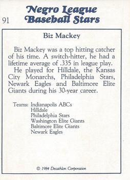 1984 Decathlon Negro League Baseball Stars #91 Biz Mackey Back