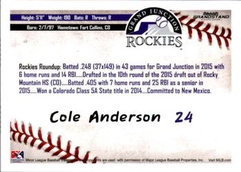 2016 Grandstand Grand Junction Rockies #NNO Cole Anderson Back
