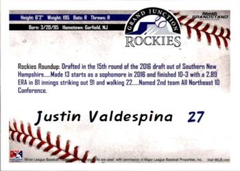 2016 Grandstand Grand Junction Rockies #NNO Justin Valdespina Back