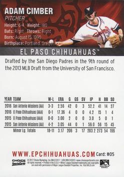 2017 Choice El Paso Chihuahuas #5 Adam Cimber Back